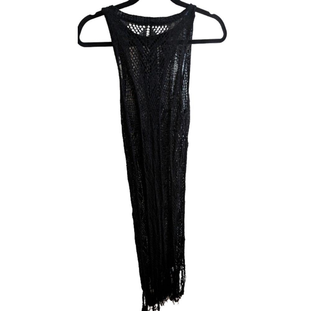 Swim Dress Coverup Maxi  Overlay  Stretchy  Sz L  Black Sheer Floral Lace Fringe
